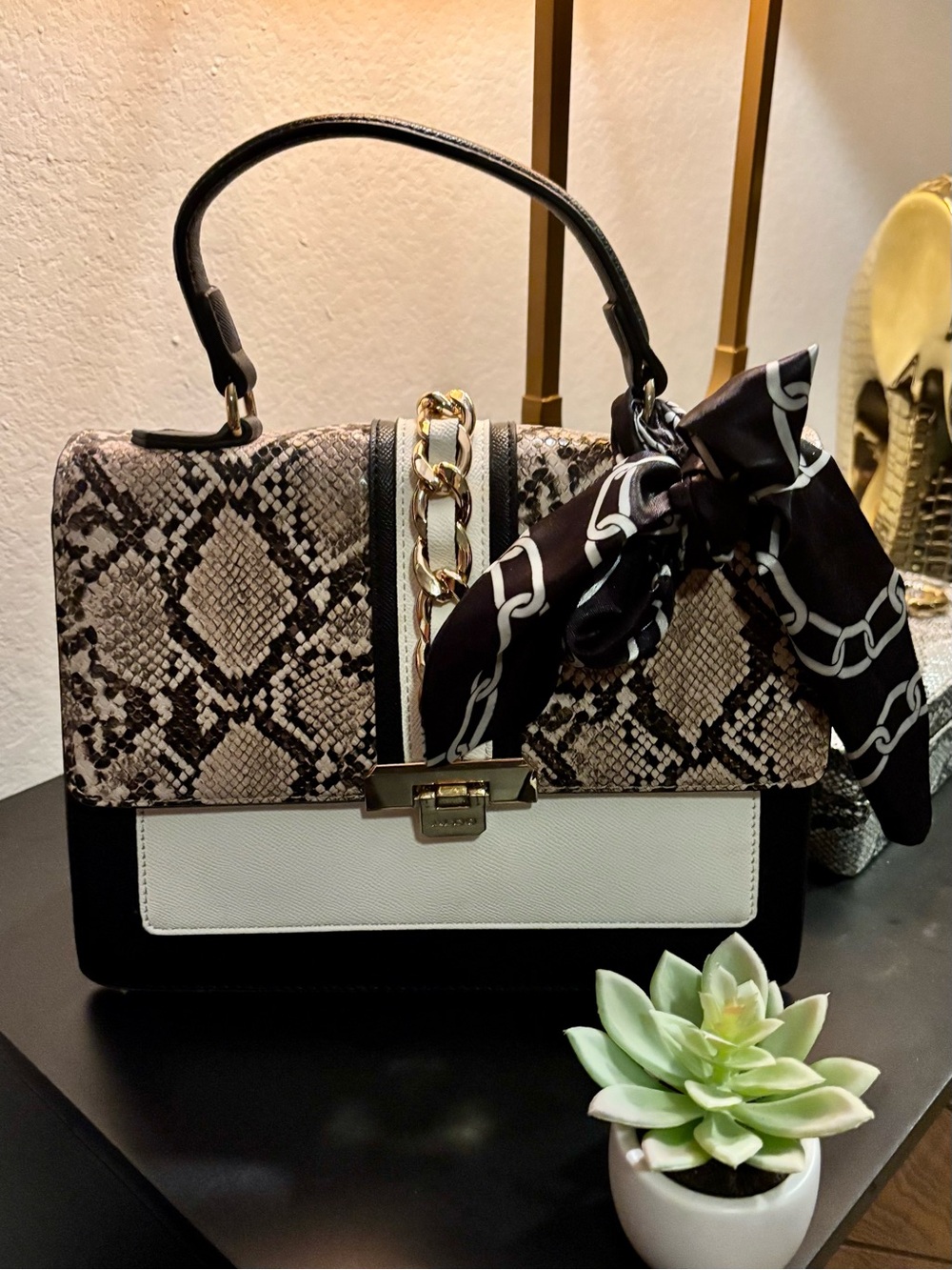 Structured Top-Handle Snake-Print Satchel in Black & Cream - Picture 1 of 8